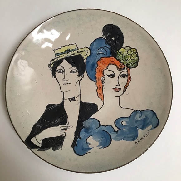 Enamel on Copper Plate Man Showgirl 1900’s Couple SIGNED 5” Mid Century Dish - Picture 9 of 10